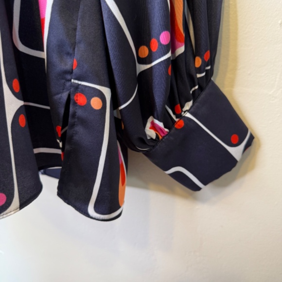 Zara | Retro Geo High Collar Mock Neck Long Sleeve Printed Charmeuse Blouse - Picture 9 of 16